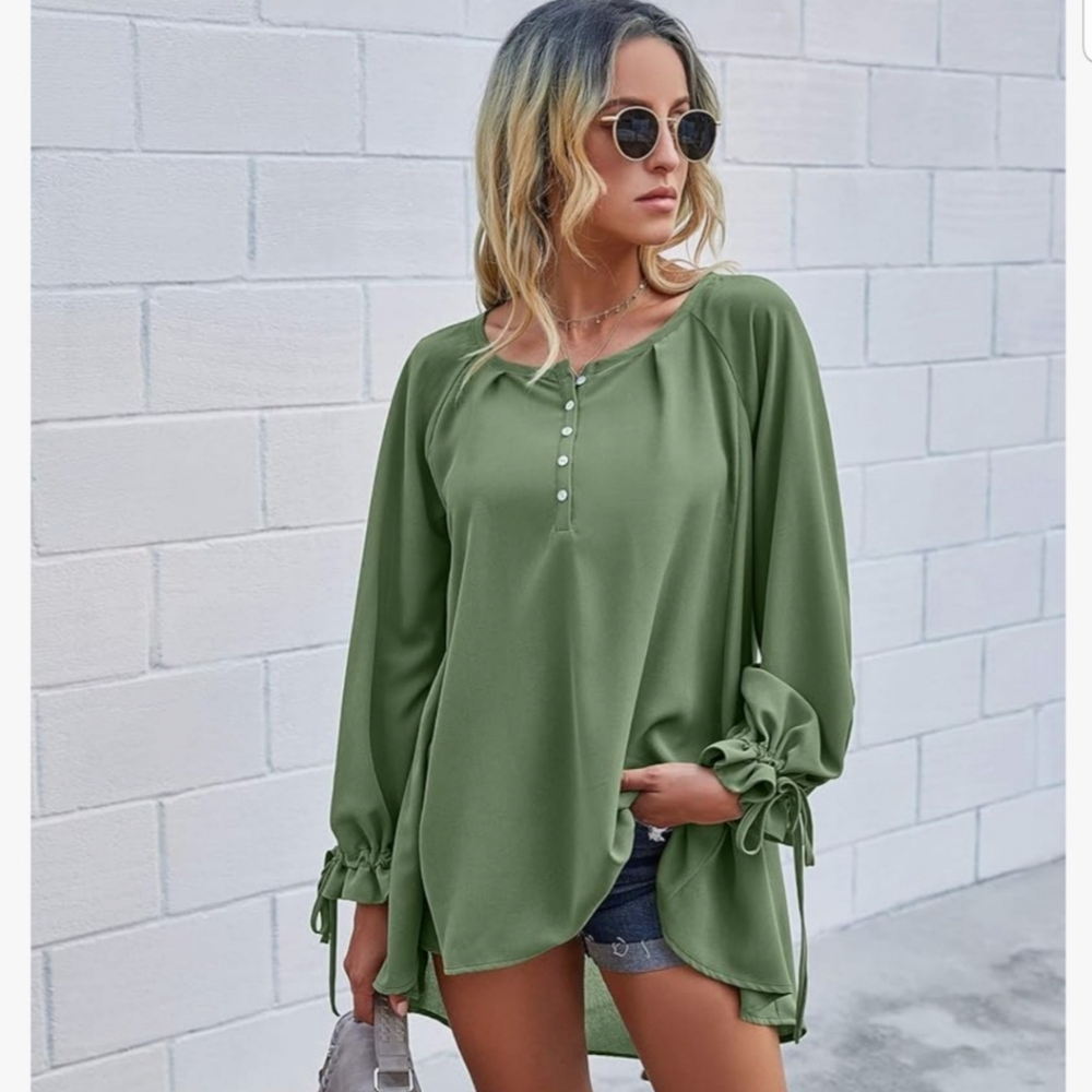 Women’s Fashion High Low Tunic Top Long Sleeve Button Down Loose Chiffon Blouse